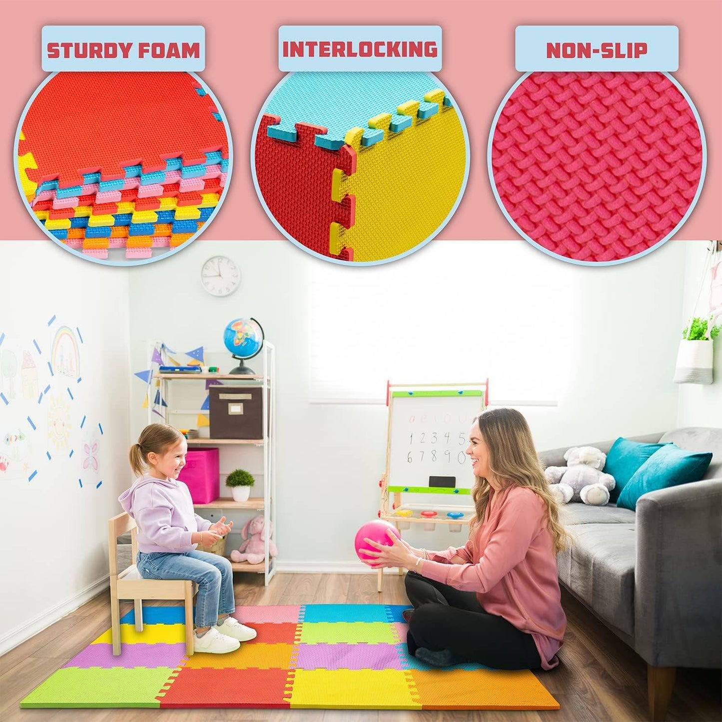 ToyVelt | Kids Foam Mat | Multicolored Plain Designs: Multi-Colored / 1 Pack - 16 Tiles
