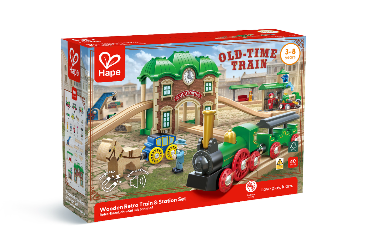 Wooden Retro Train & Station Set
