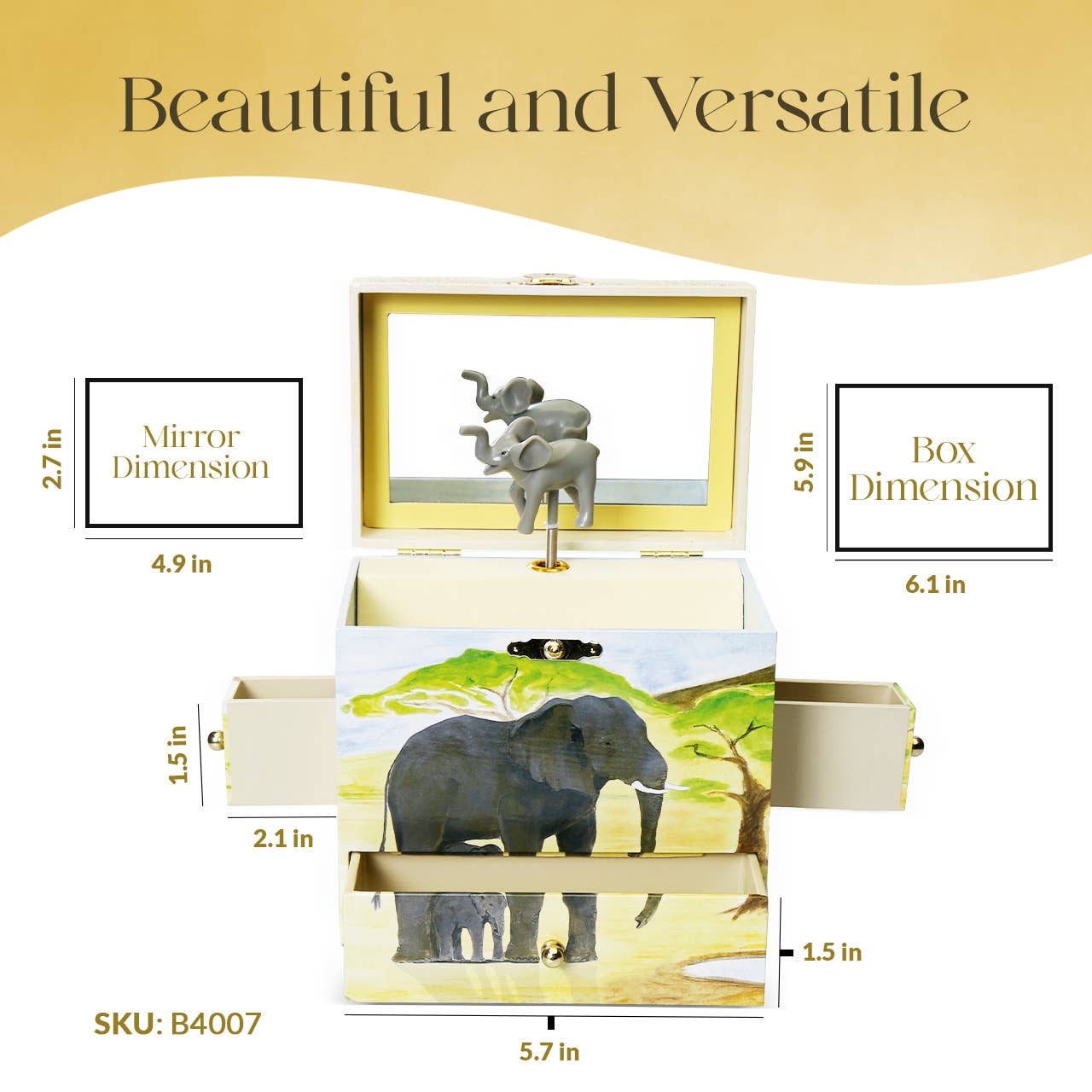 Elephant Music Box with Pull Out Drawers & Mirror