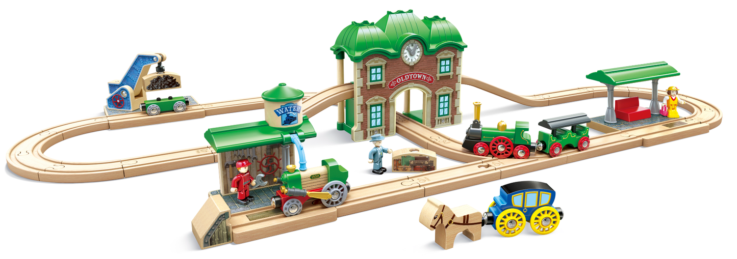 Wooden Retro Train & Station Set