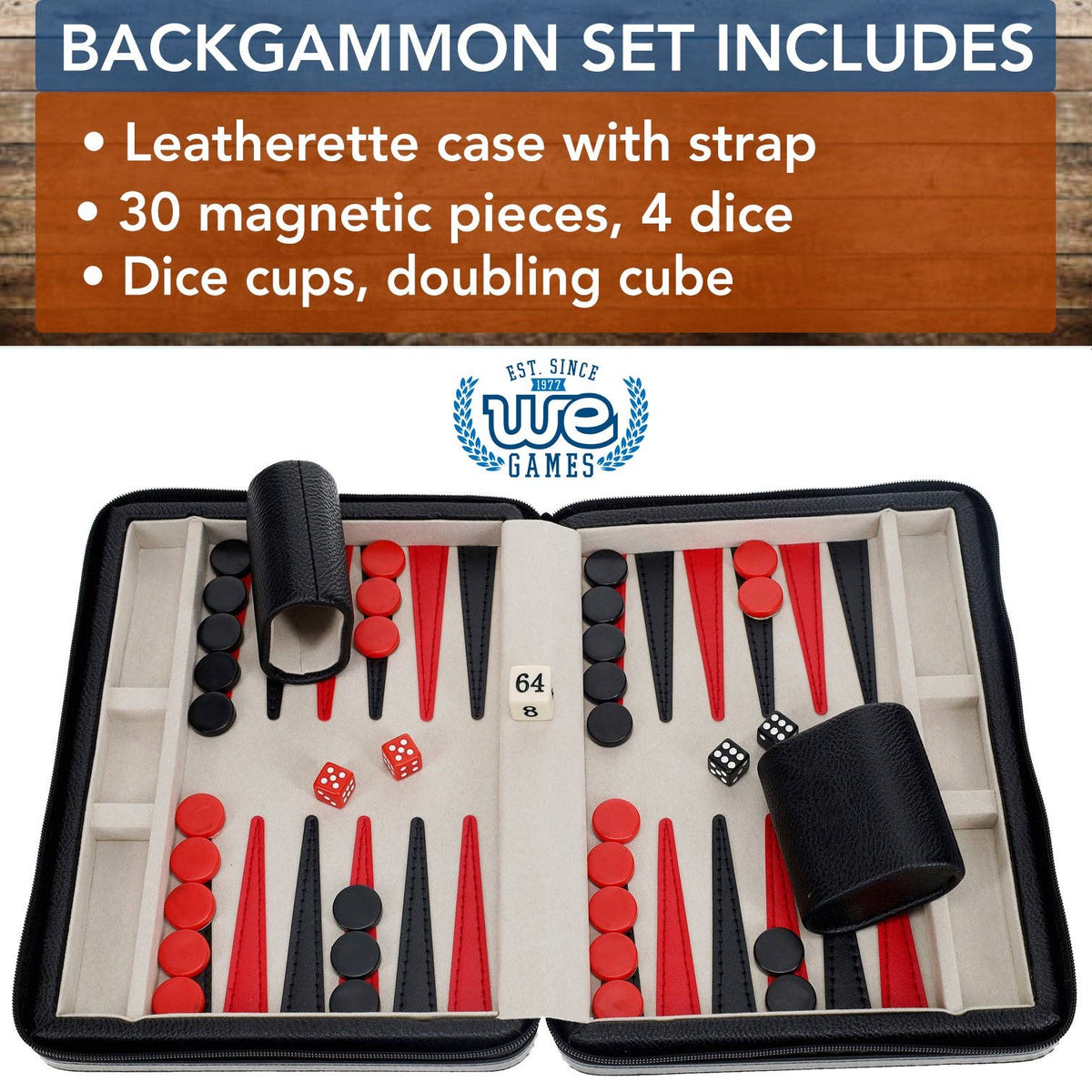 WE Games Black Travel Magnetic Leatherette Backgammon Set: Navy Blue