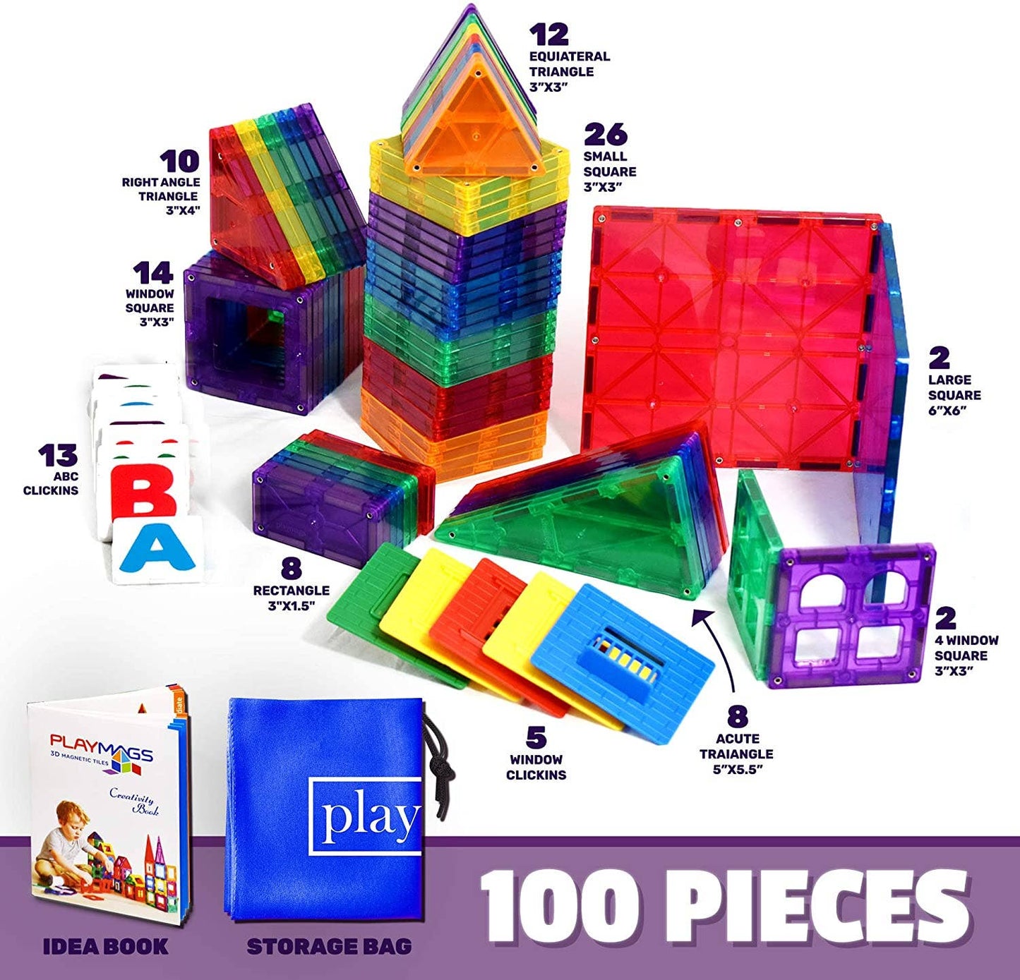 Playmags 100 Piece Building Blocks Magnet Educational Set