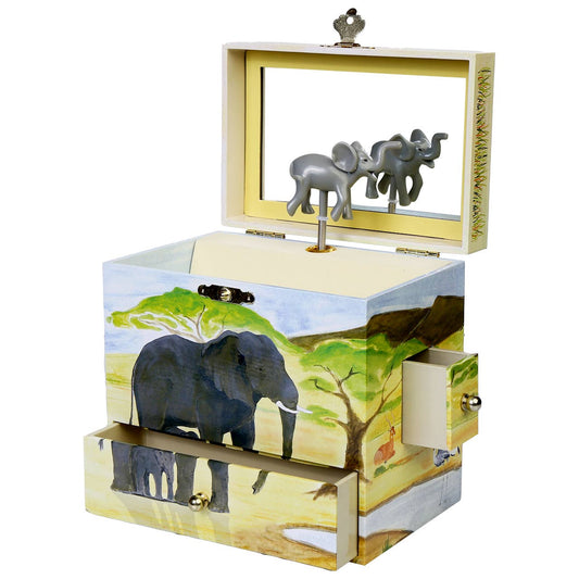 Elephant Music Box with Pull Out Drawers & Mirror