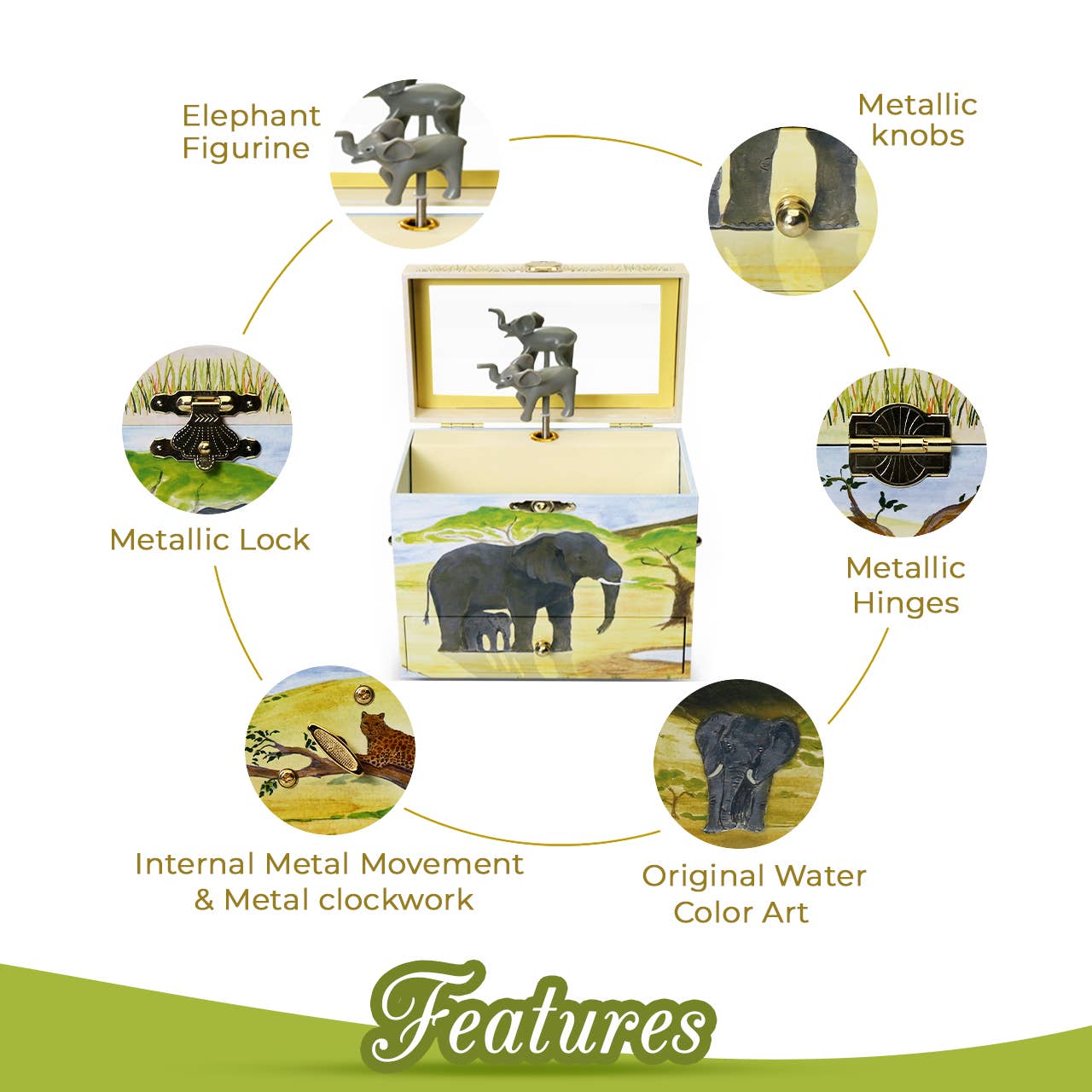 Elephant Music Box with Pull Out Drawers & Mirror