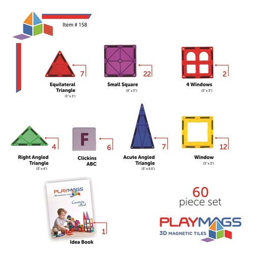 Playmags 60-Piece Clear Color STEM Magnetic Building Tiles