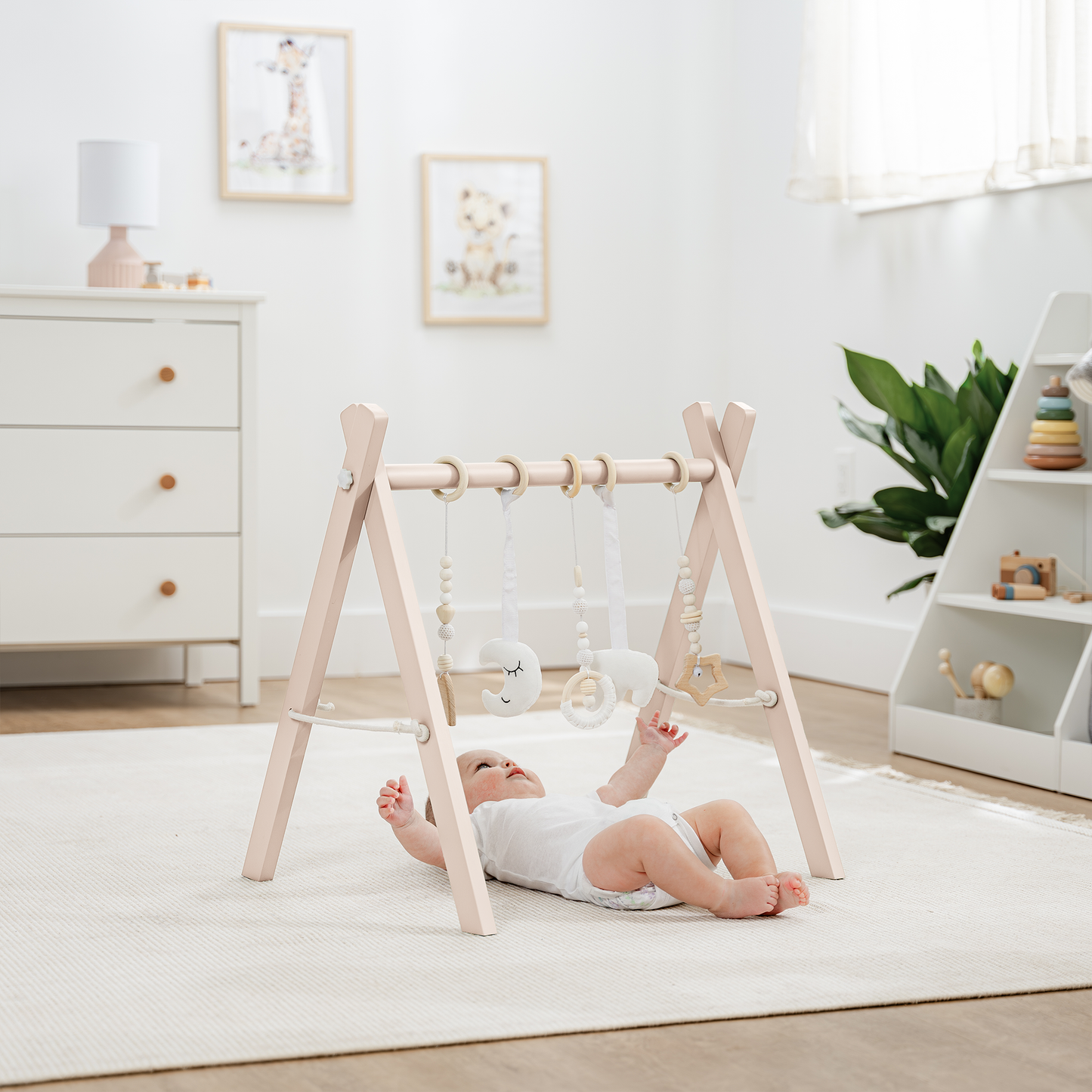 Foldable Baby Play Gym with 5 Hanging Toys by Comfy Cubs: Blush