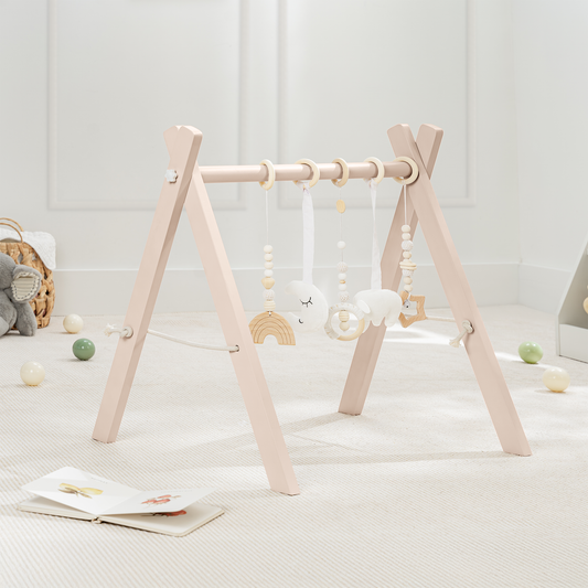 Foldable Baby Play Gym with 5 Hanging Toys by Comfy Cubs: Blush