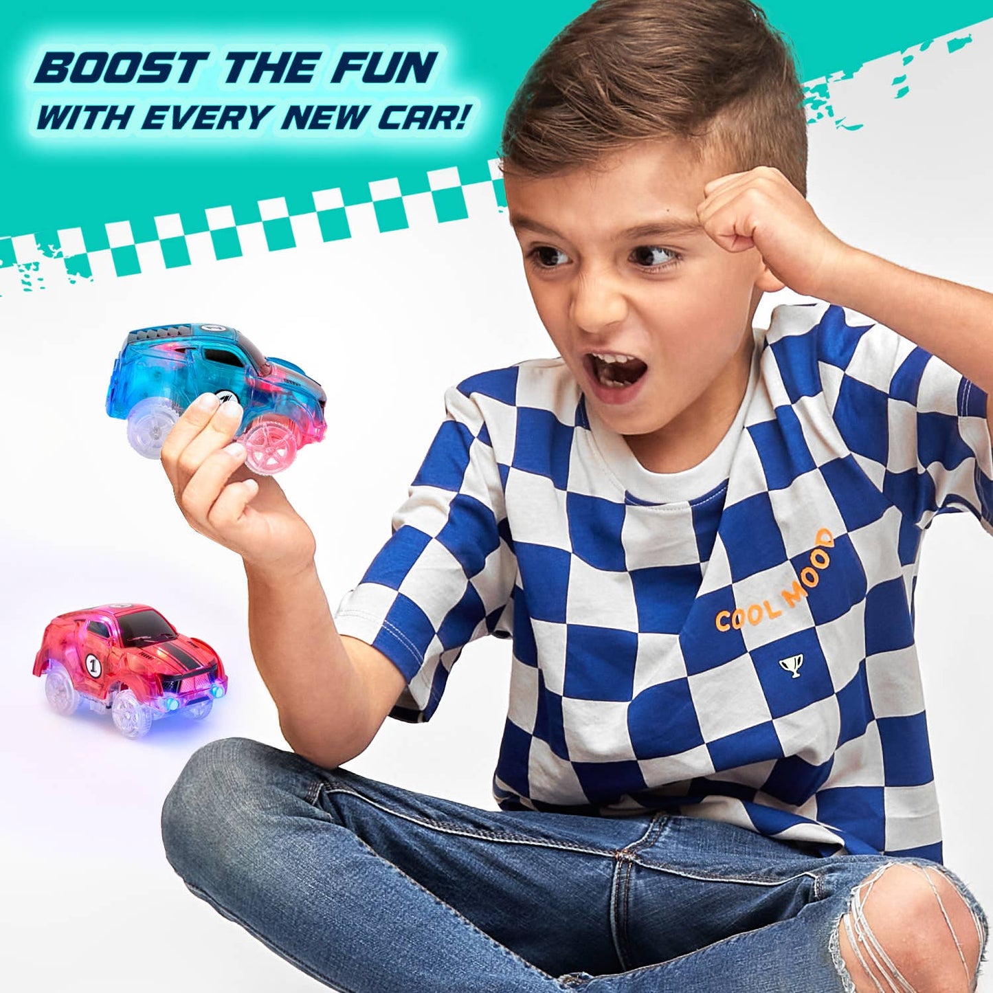2 Light Up Racer Cars Speedway Themed Toy Set
