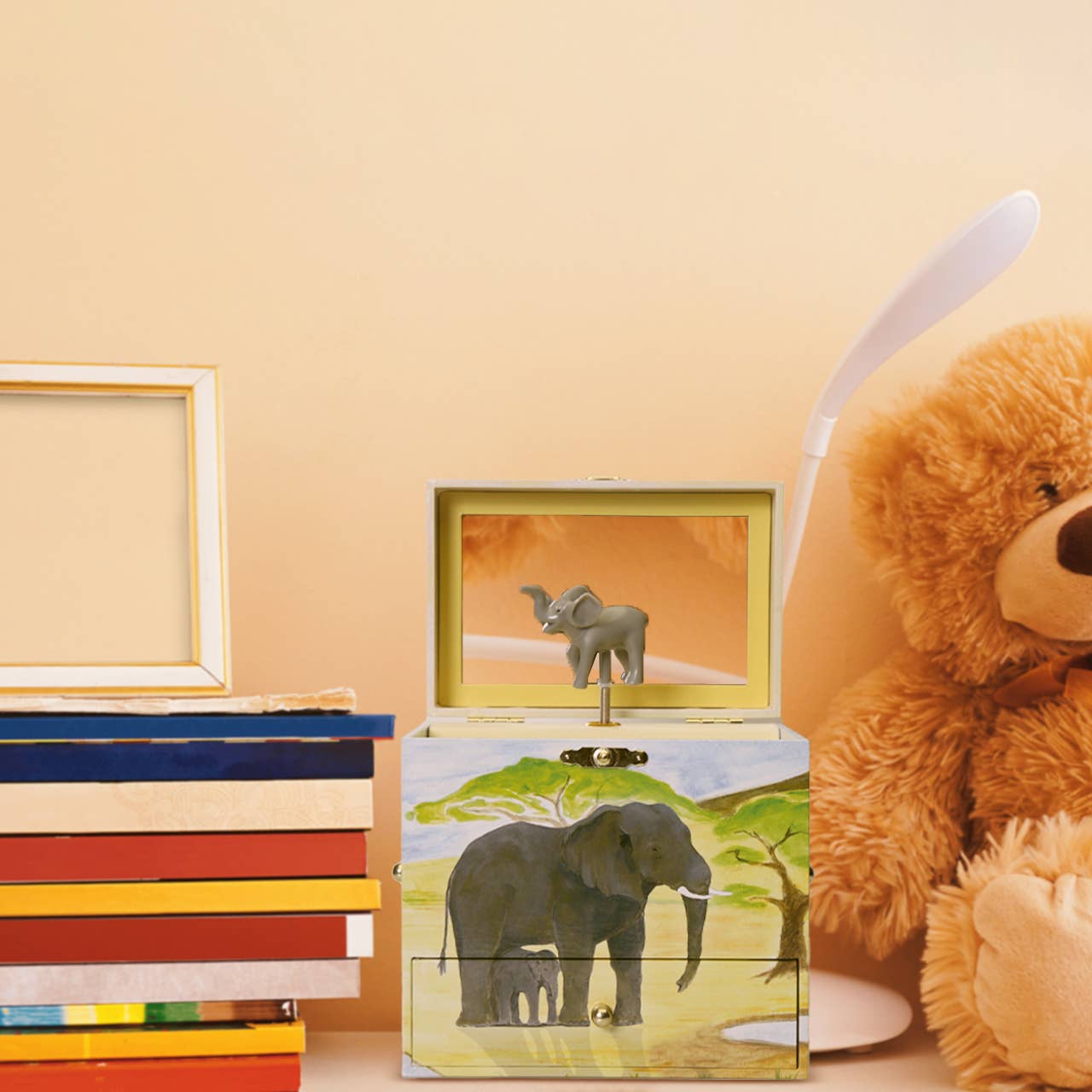 Elephant Music Box with Pull Out Drawers & Mirror