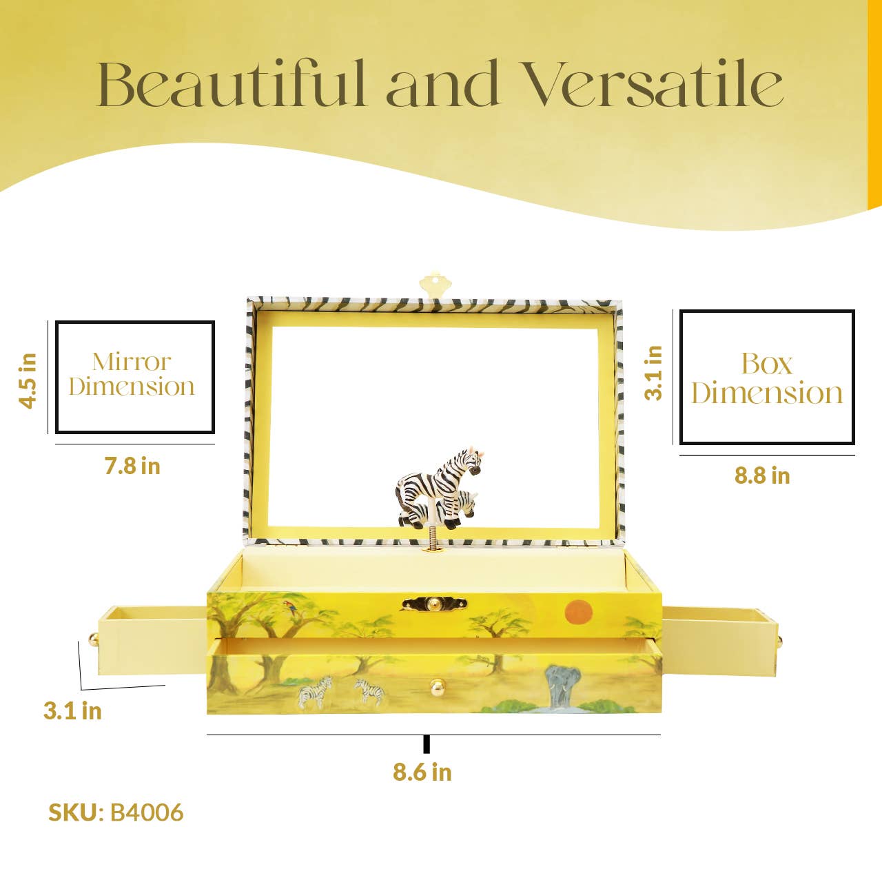 Zebra Music Box with Pull Out Drawers & Mirror
