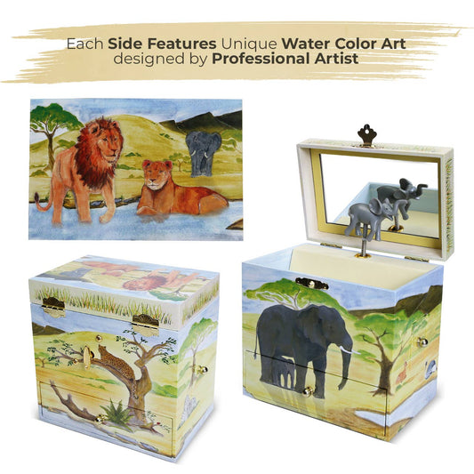 Elephant Music Box with Pull Out Drawers & Mirror