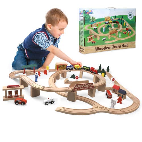 Play Build Wooden Train Set 80 Pieces
