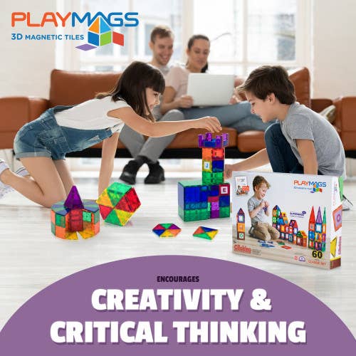 Playmags 60-Piece Clear Color STEM Magnetic Building Tiles