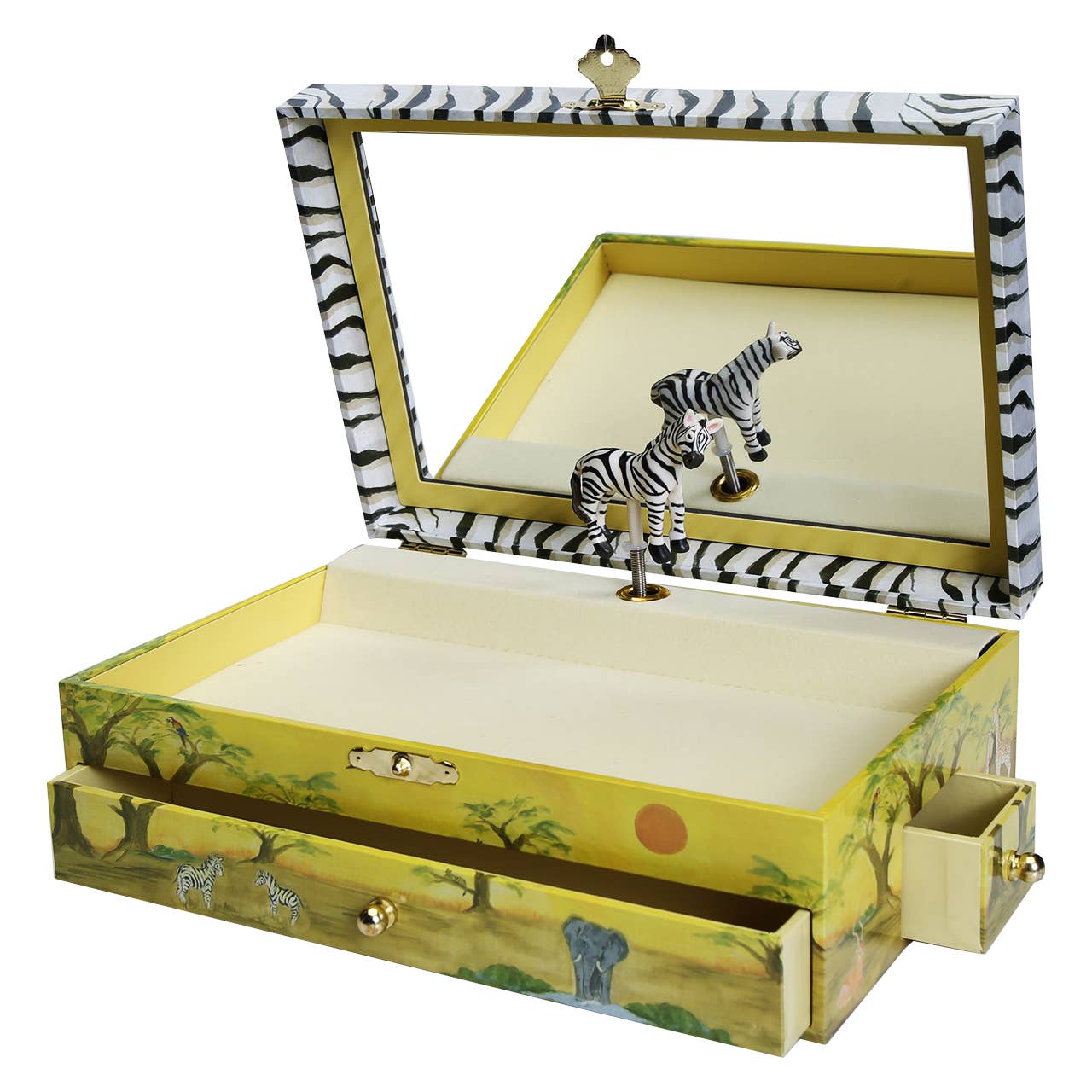 Zebra Music Box with Pull Out Drawers & Mirror