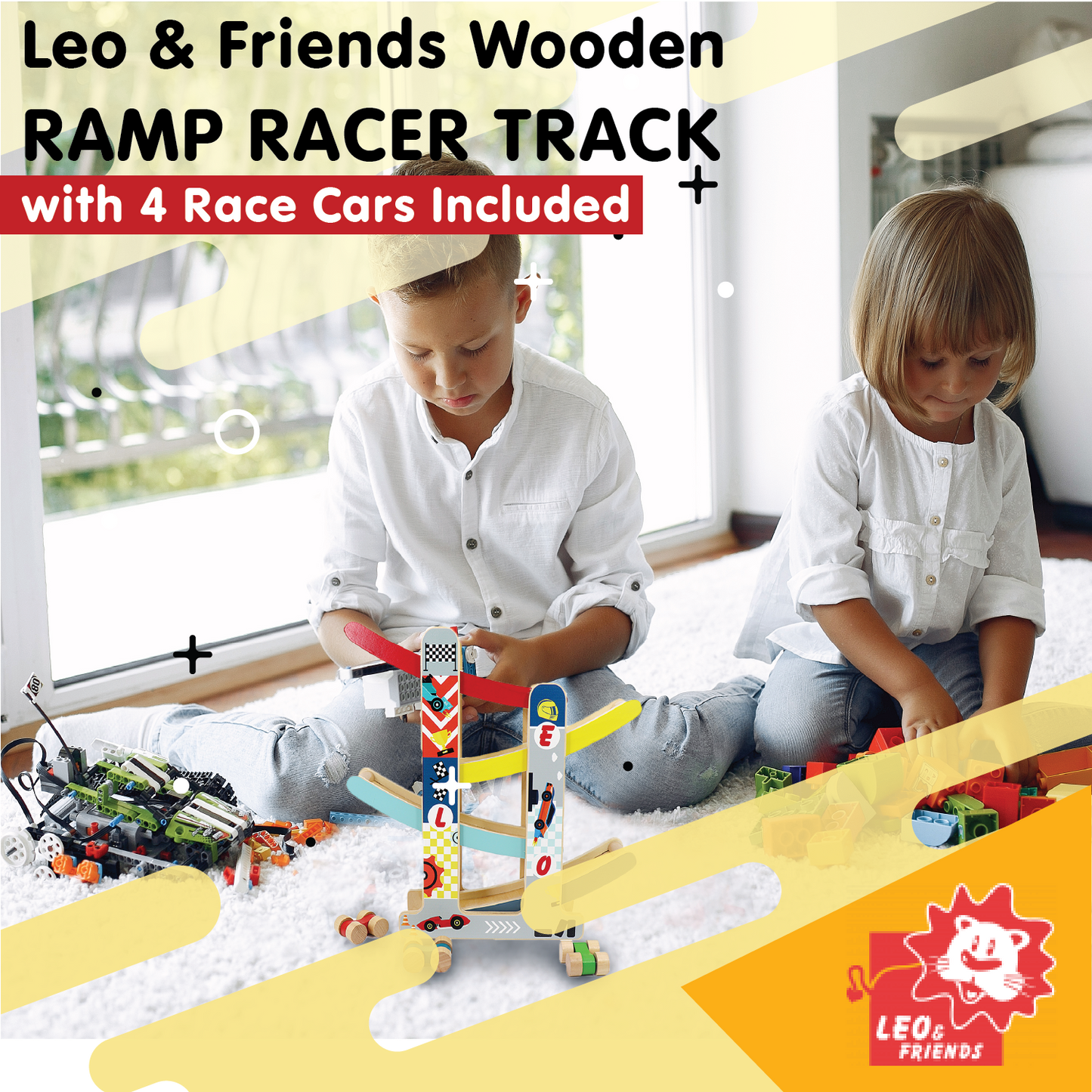 Leo & Friends Wooden Ramp Racer Track with 4 Race Cars
