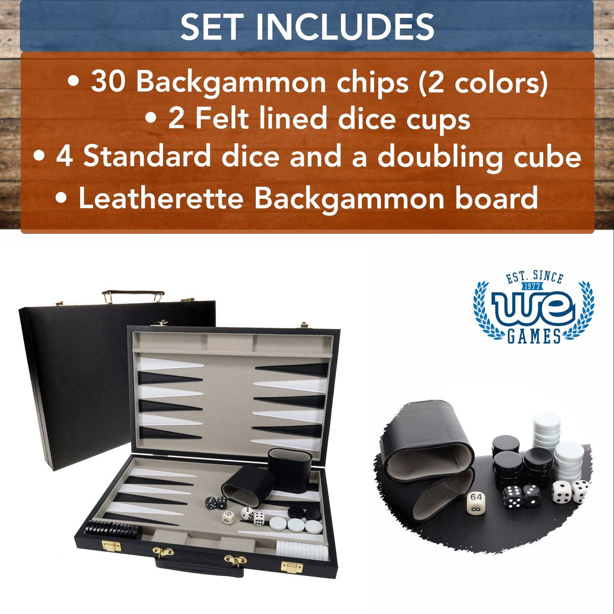 WE Games Black Leatherette Backgammon Set, 14.75 inches