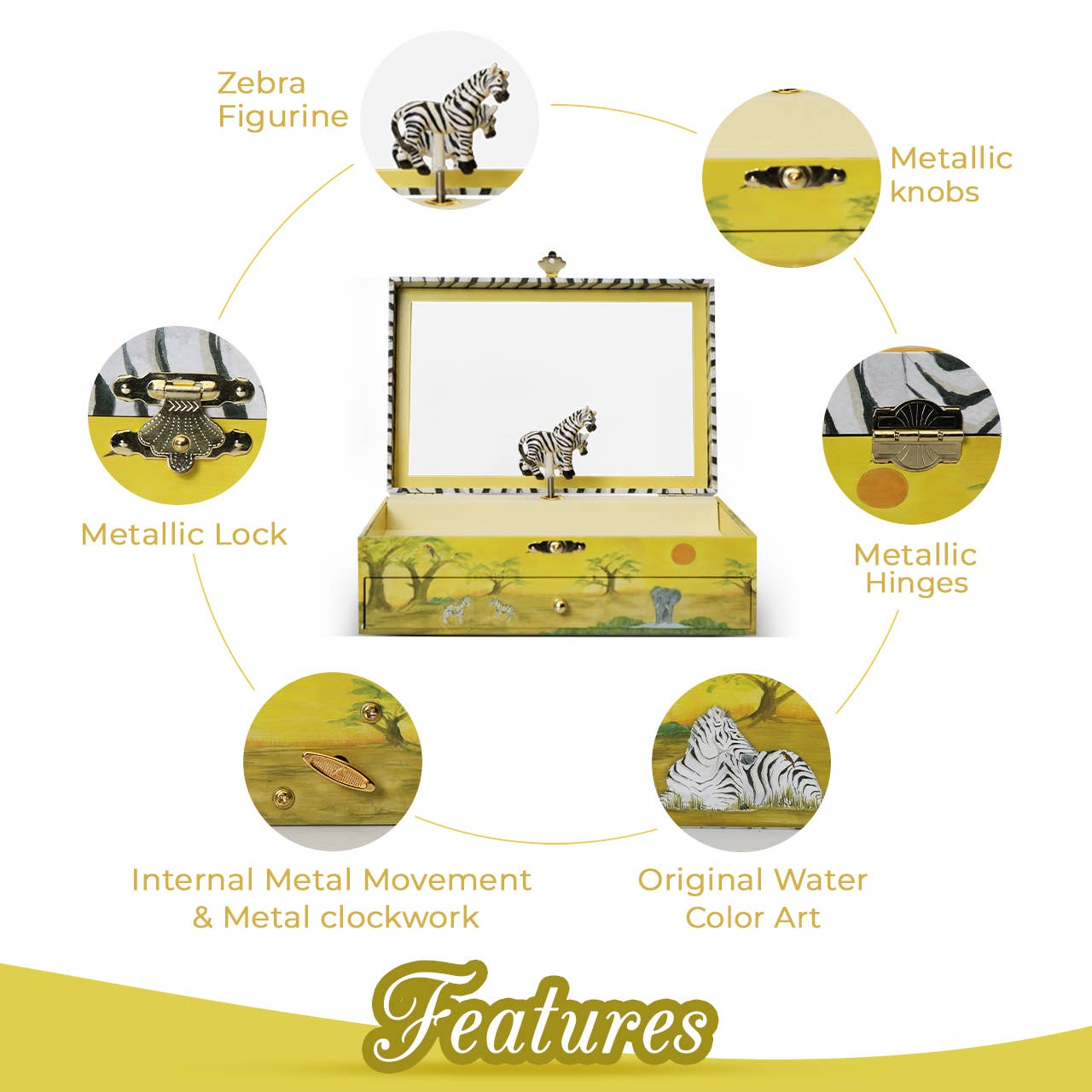 Zebra Music Box with Pull Out Drawers & Mirror
